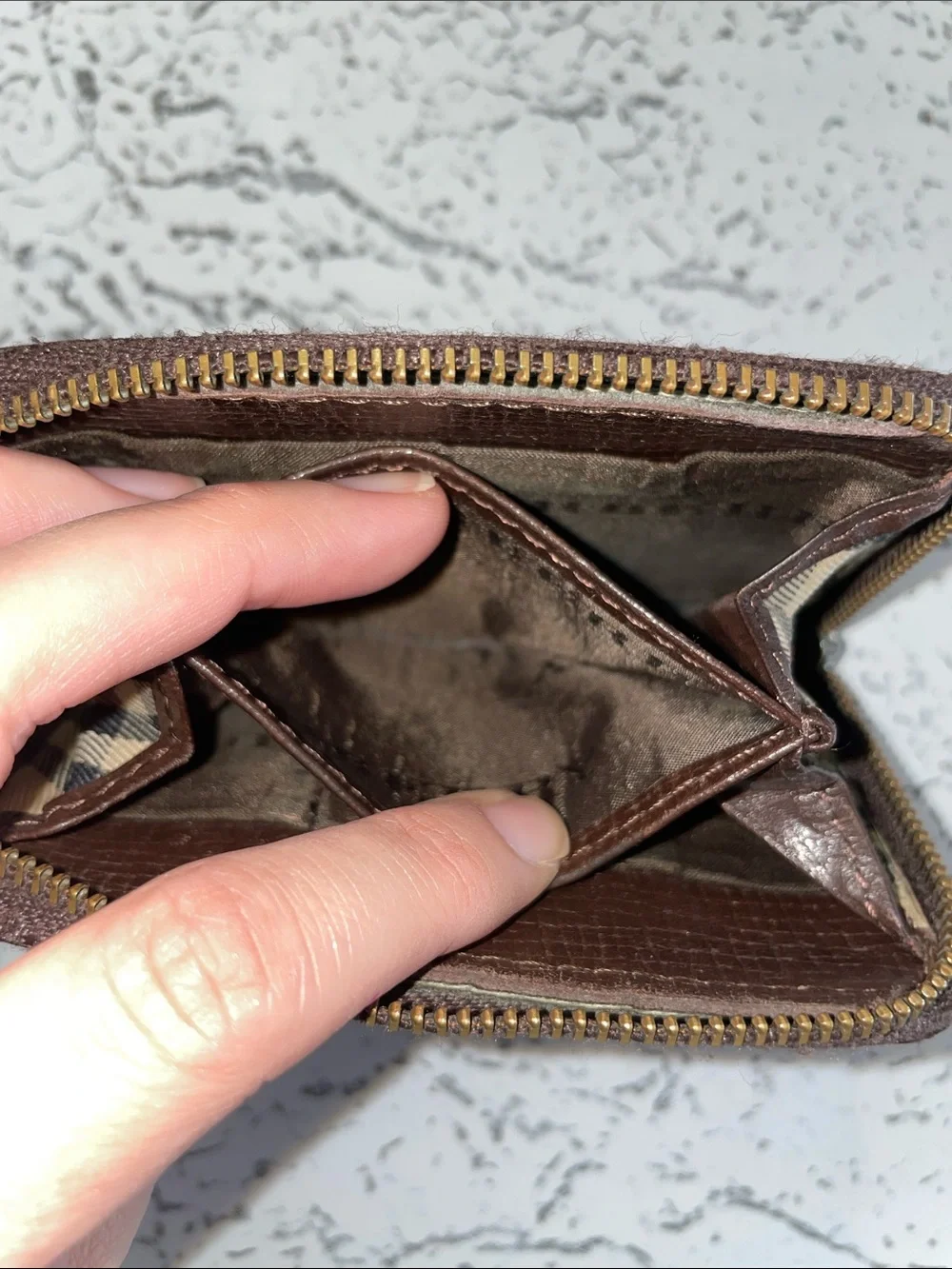 Burberry Dark Brown Textured Leather Zip-Around Wallet *Flawed*